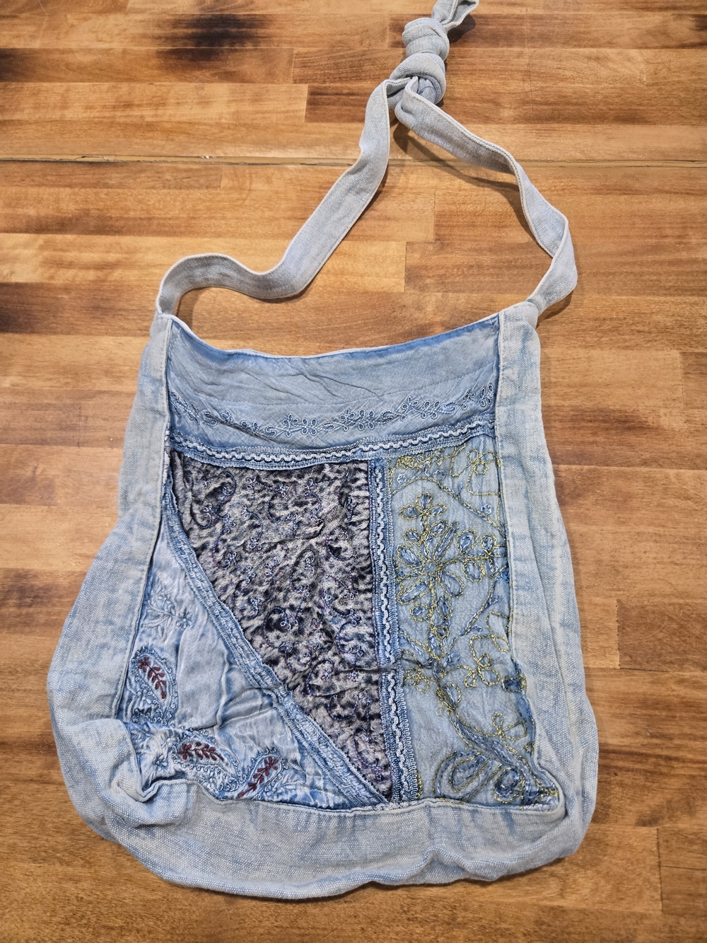 Light Blue Embroidered Shoulder Bag with Patchwork Detail